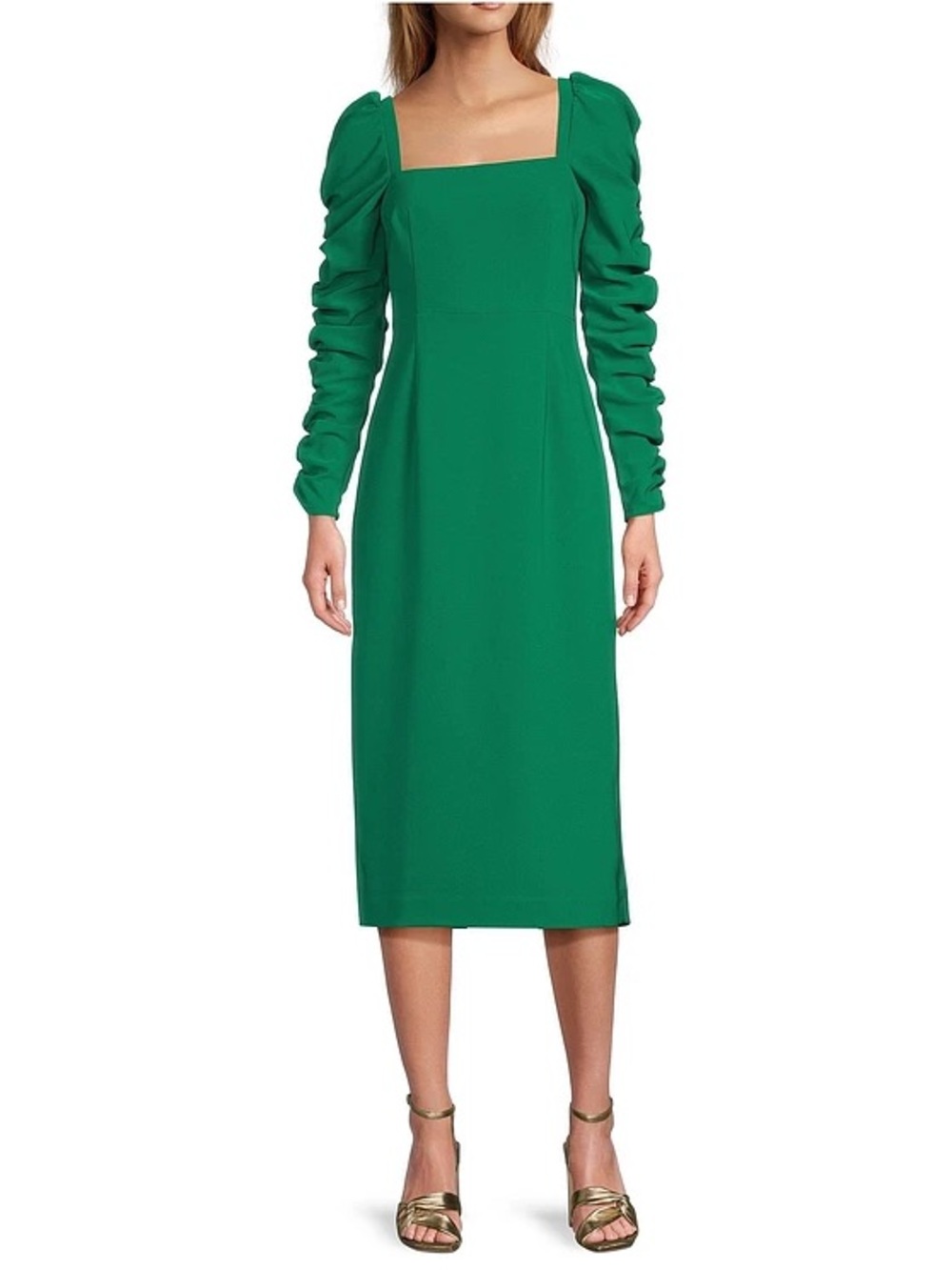 NWT Antonio Melani Elena Crepe Square Neck Long Ruched Sleeve Midi Dress Sz 2